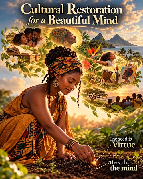 Woman of African descent planting a seed of Virtue in soil representing the mind, surrounded by family, learning, creativity, culture, and nature.